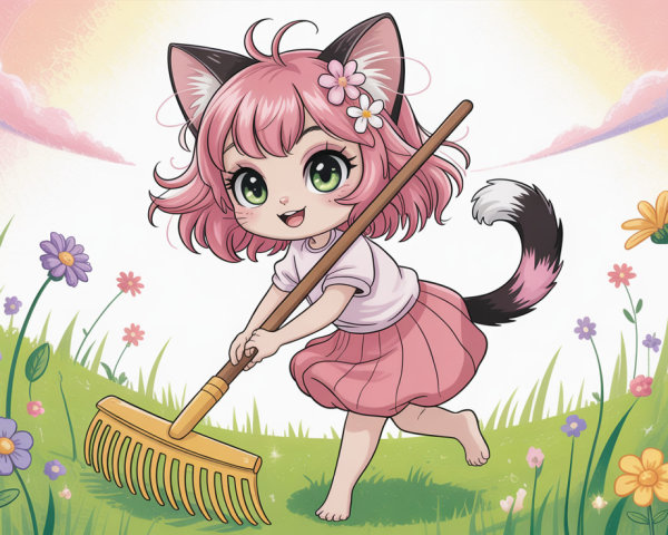 Anime girl with cat ears raking grass in a field