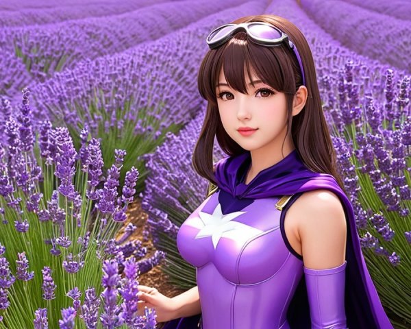 Young woman in a lavender field wearing a costume and cape