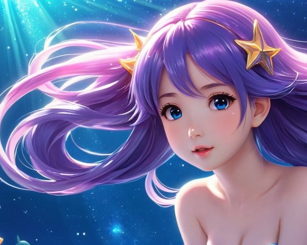 Young girl with purple hair swimming among fish