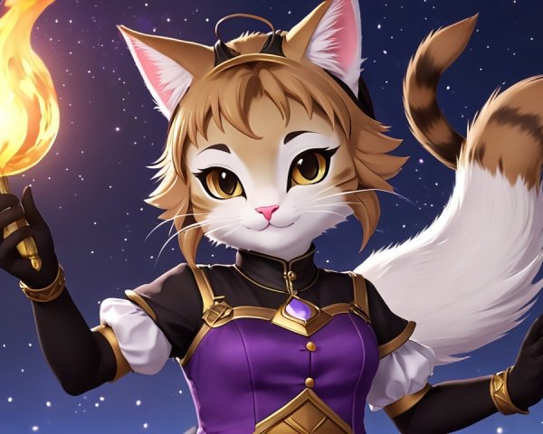 Feline Character with Torch in Starry Night Sky