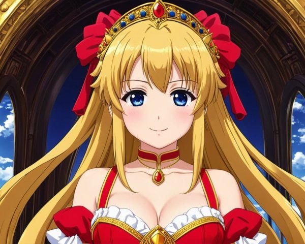 Regal young woman in red and gold gown with tiara
