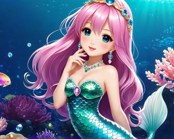 Illustration of a Mermaid in Vibrant Coral Reefs