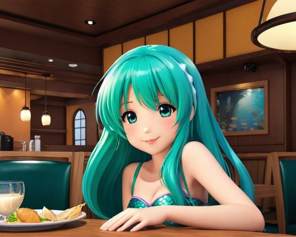 Cheerful anime character in cozy restaurant setting