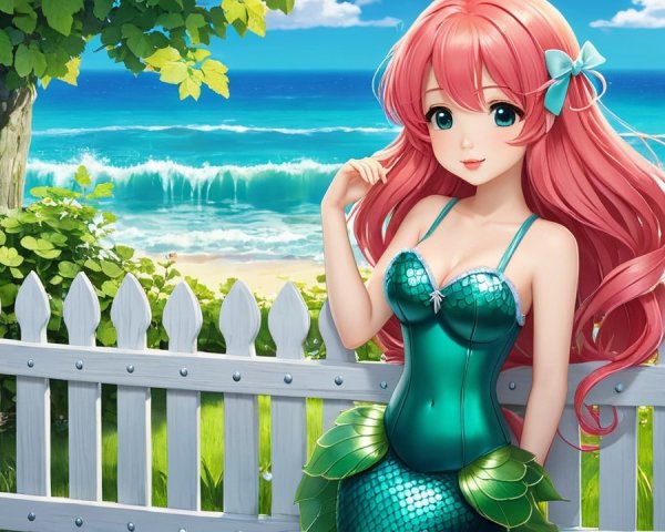 Mermaid with Pink Hair in Coastal Beach Setting