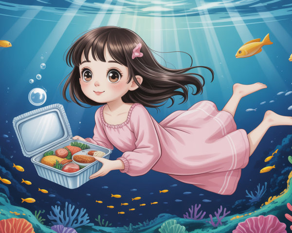 Cartoon girl swimming with lunch box among coral and fish