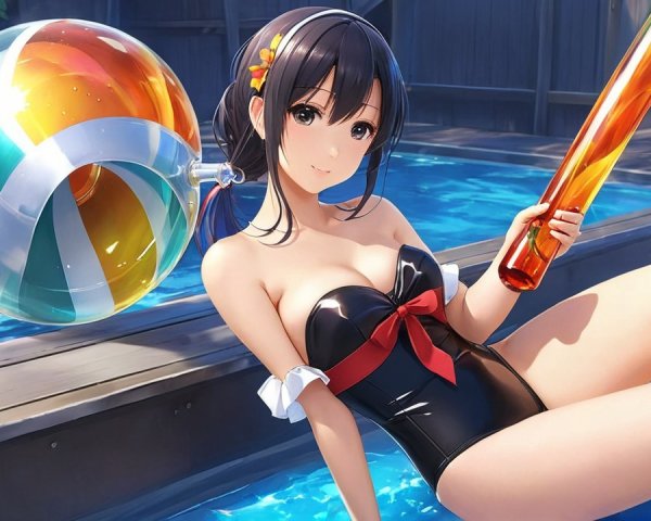 Young woman in black swimsuit by pool with toys