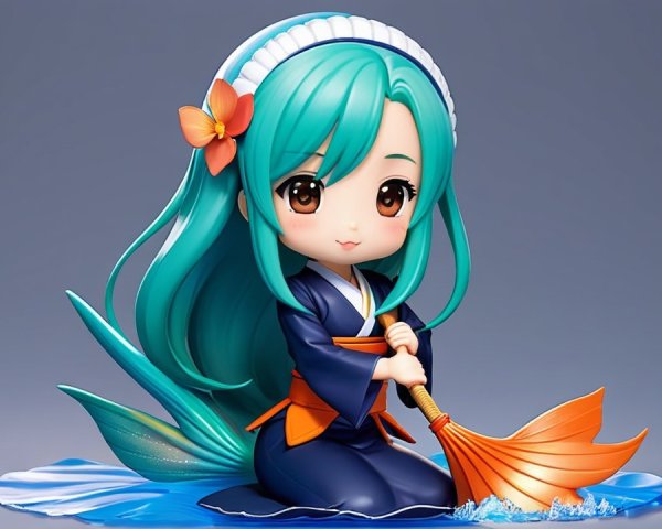 Charming chibi character with teal hair and playful outfit
