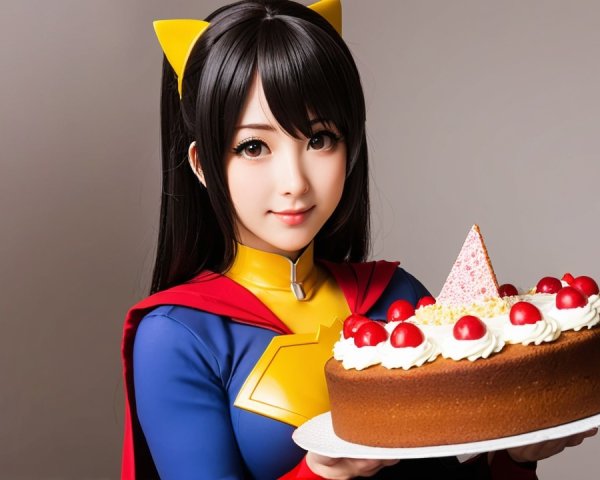 Young woman in superhero costume holds festive cake