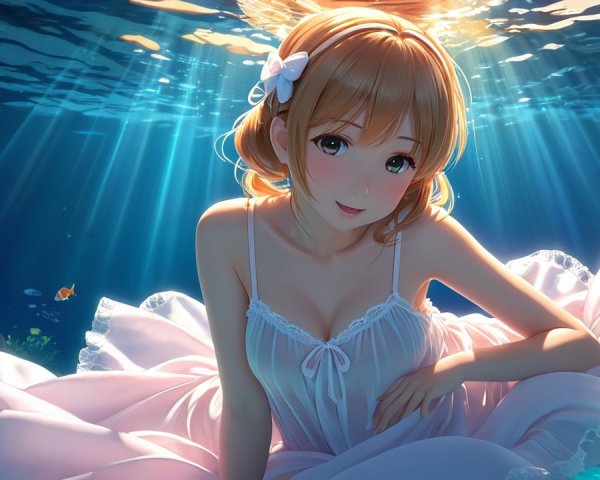 Anime character underwater with sunlight and fish