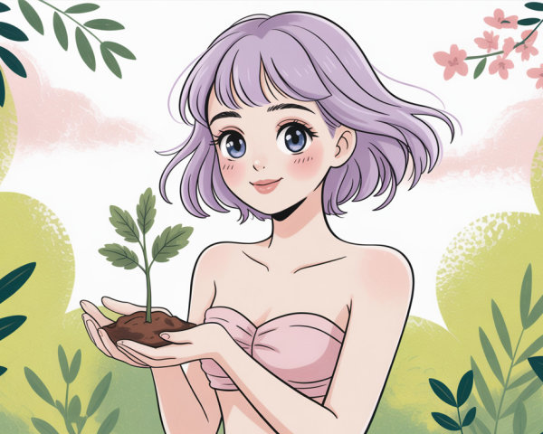 Anime illustration of a girl with purple hair and plant