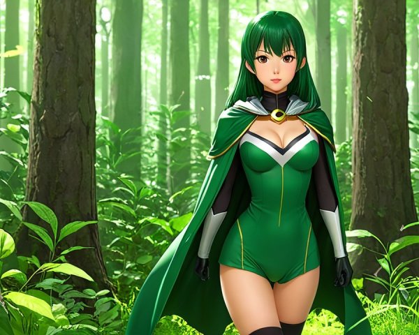 Female Character with Green Hair in Lush Forest