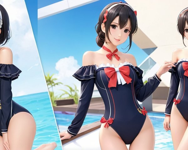 Stylized Female Character in Navy Swimsuit by Poolside