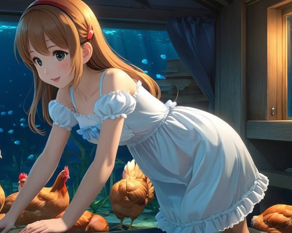 Whimsical Underwater Scene with Girl and Chickens