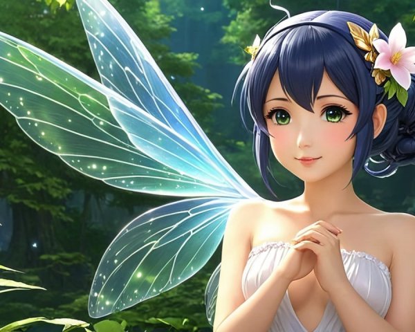 Serene Fairy in Enchanted Forest with Translucent Wings