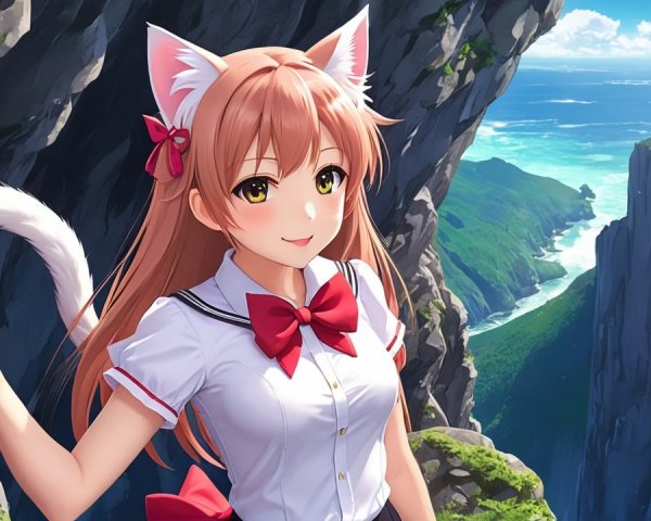 Cheerful girl with cat features on rocky cliff landscape