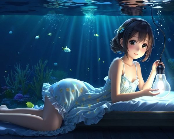 Underwater Scene with Girl, Fish, and Coral
