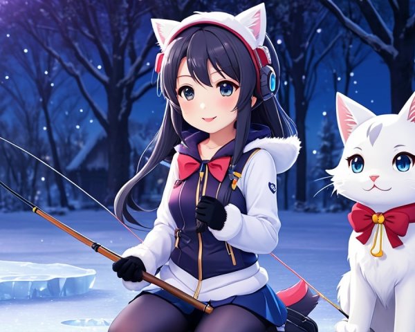 Young girl with cat ears fishing by frozen lake