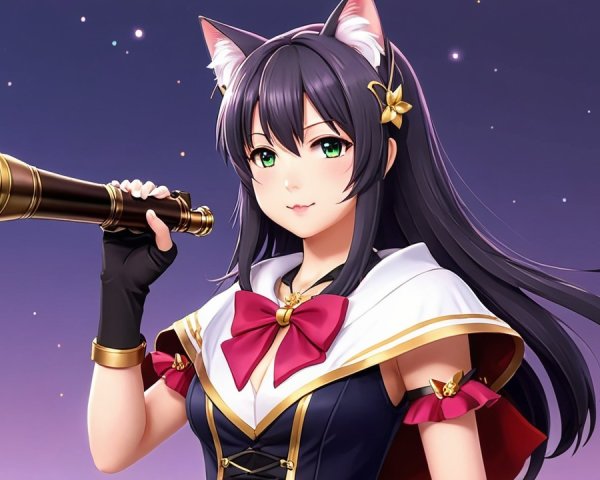 Character with Cat Ears and Telescope in Starry Night