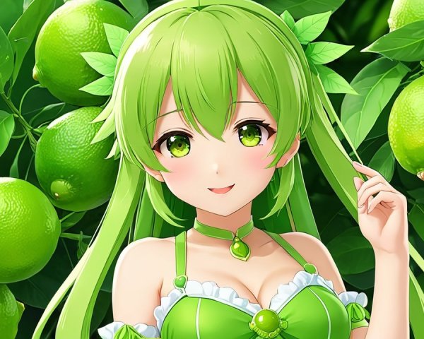 Cheerful Anime Character Among Lush Lime Trees
