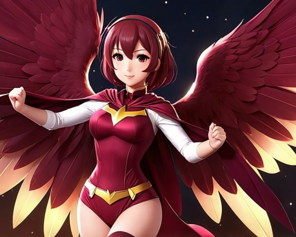 Anime-Inspired Character with Red Wings and Cape
