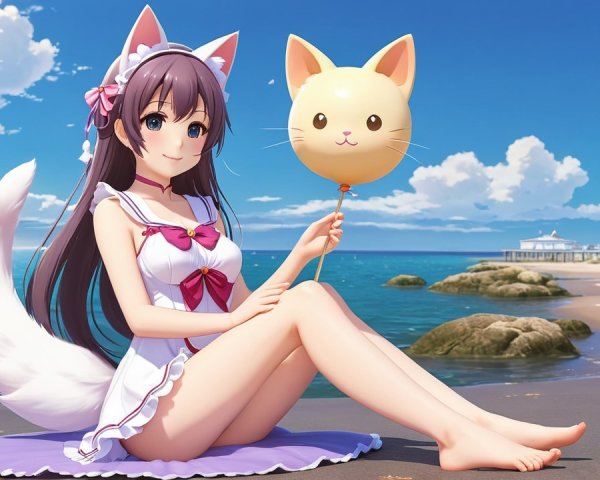 Cheerful anime character on beach with cat costume