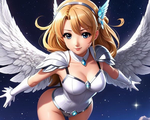 Celestial Character with Wings and Starry Background