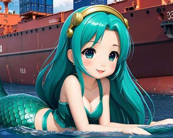 Vibrant Anime Mermaid with Aqua Hair and Green Tail