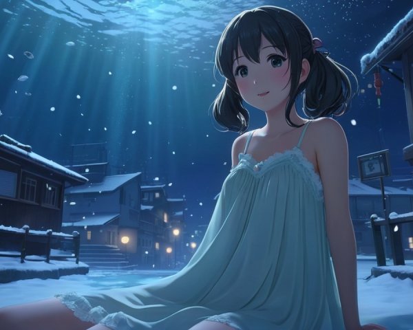 Winter Night Scene by Snow-Covered Riverside