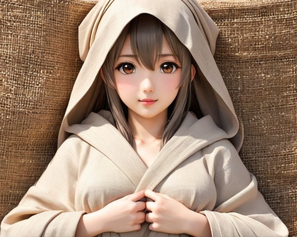 Young girl in hooded robe among textured burlap fabric