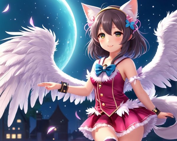 Anime Character with Cat Ears and Wings Under Moonlight