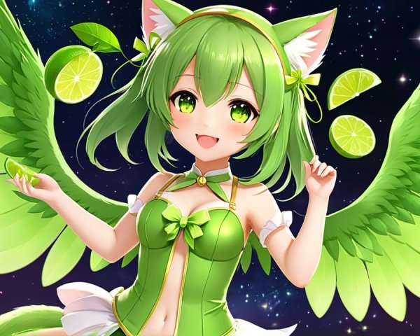Cheerful Anime Character with Green Hair and Lime Theme