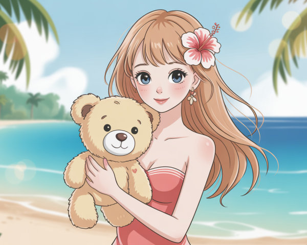 Anime-style digital painting of a woman on the beach