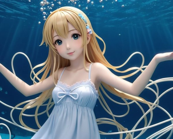 Anime girl with blonde hair swimming underwater