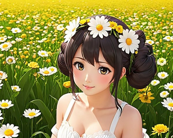 Young Woman in Floral Field with White Dress