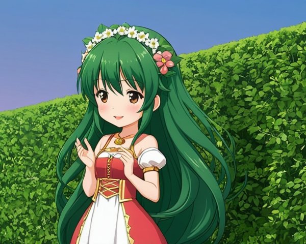 Cheerful anime girl with green hair and flowers