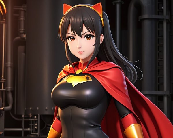 Confident Female Superhero in Black and Gold Suit
