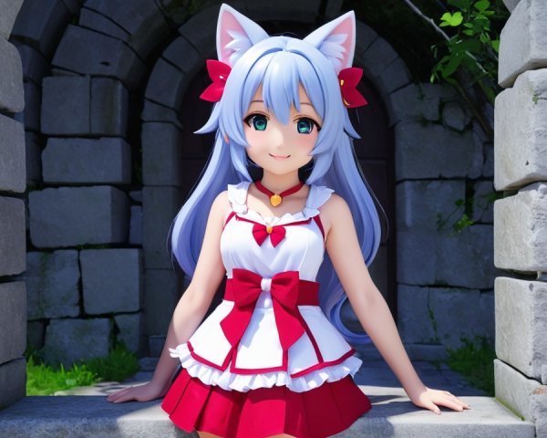 Charming Anime Character with Blue Hair and Cat Ears