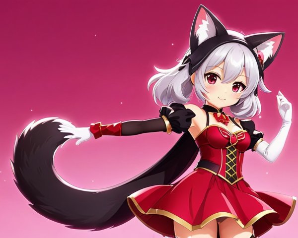 Anime Character with Silver Hair in Red Dress