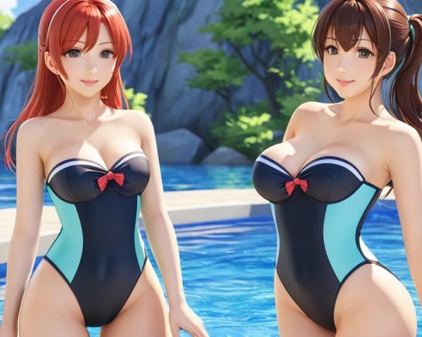 Animated Characters by Pool in Stylish Swimwear