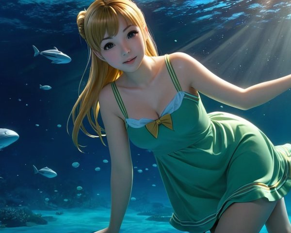 Young Woman in Green Dress Submerged Underwater