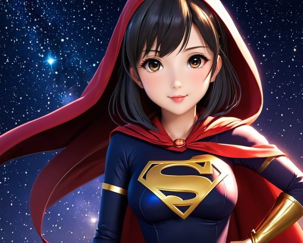 Young female superhero in cosmic setting with cape