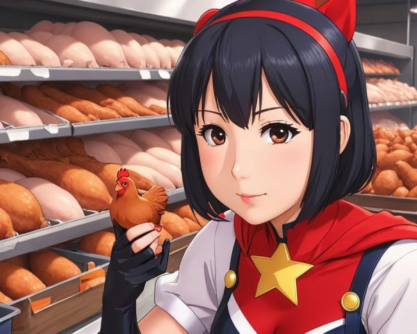 Young Girl with Chicken in Vibrant Bakery Setting