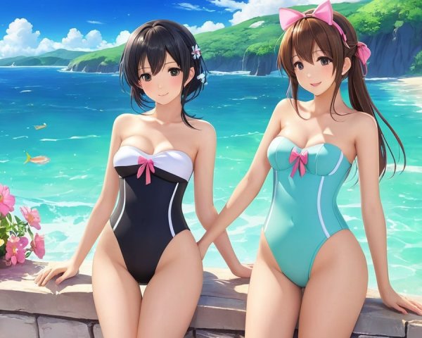 Animated Women at a Scenic Beach with Flowers