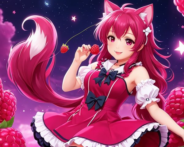 Cheerful anime girl in whimsical raspberry setting