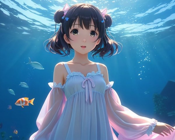 Young girl underwater with colorful fish and sunlight
