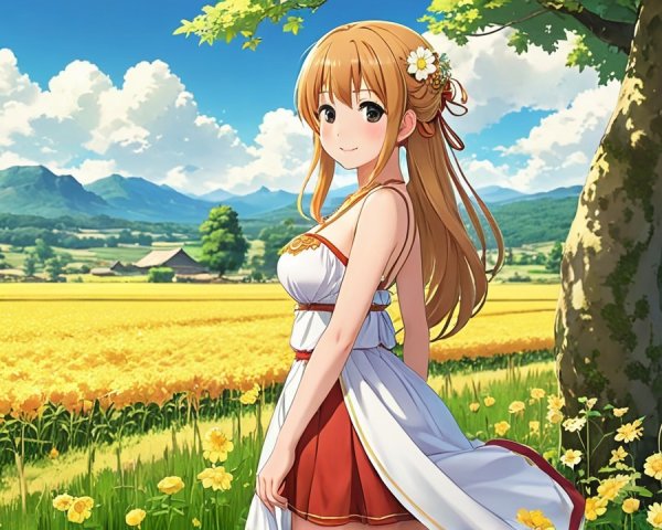 Young woman in flower field with hills and mountains
