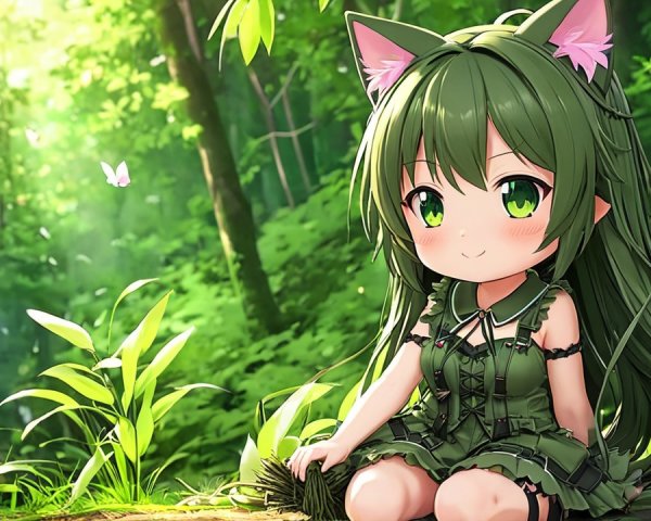 Animated character with green hair in a forest setting