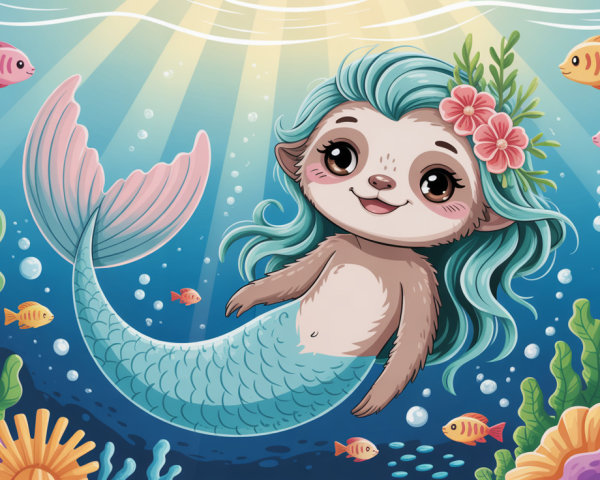 Cute Cartoon Sloth Mermaid in Underwater Scene