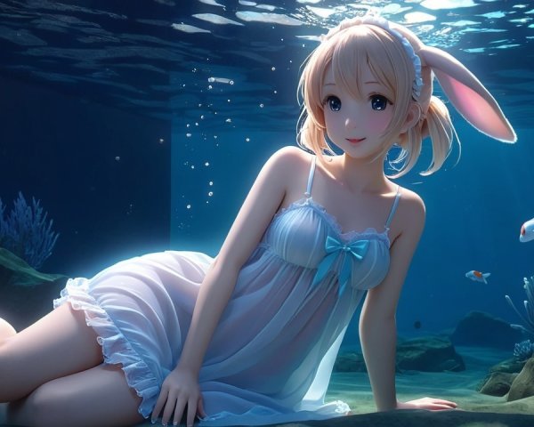 Whimsical Underwater Scene with Bunny-Eared Character