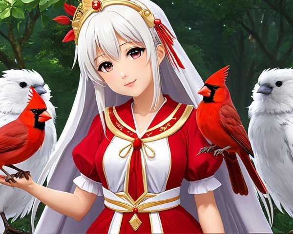 Young Woman in Regal Outfit Surrounded by Birds